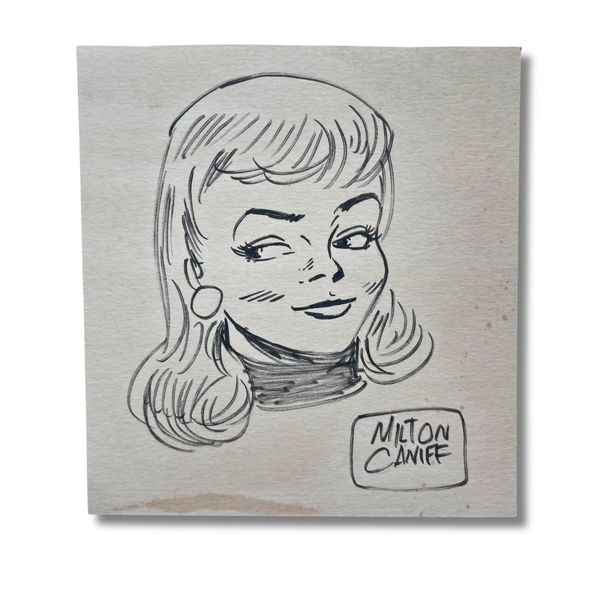 Dessin original signé par Milton Caniff – Dédicace, format : 18 × 14 cm.