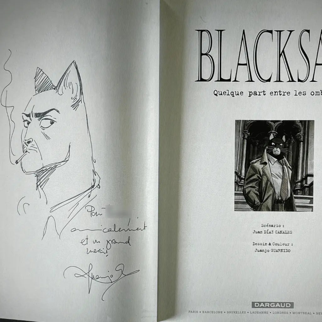 Blacksad, Tome 1 : Quelque part entre les ombres - Dédicace de Juanjo Guarnido en première page - 2001