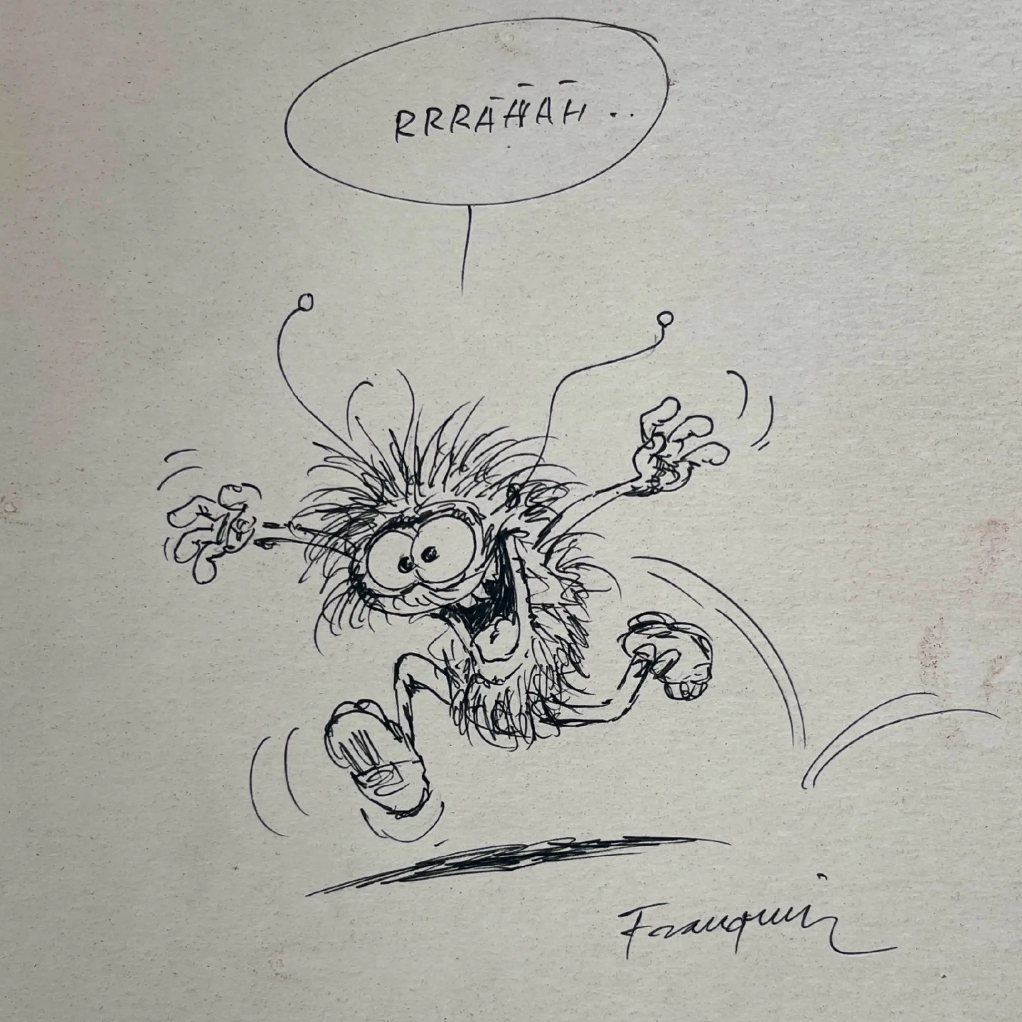 Original dessin Les Monstres de Franquin–Dédicace avec cadre,Format : 20 x 20 cm