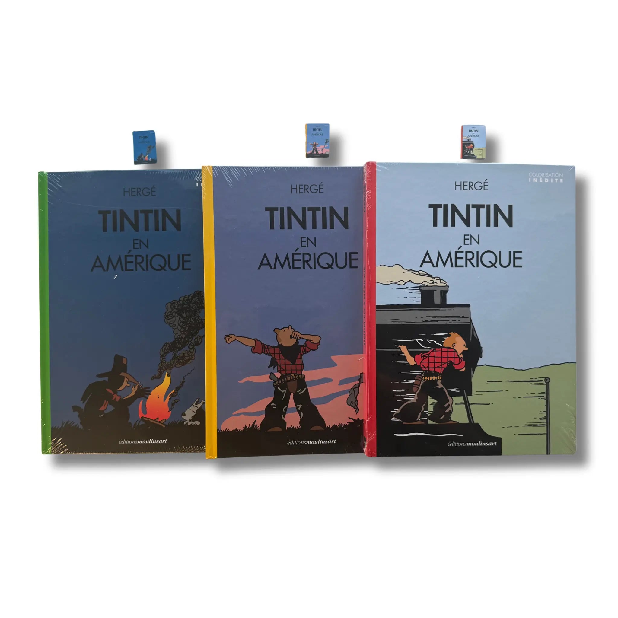 Lot de 3 - Tintin En Amérique coté rouge  , Tintin- En Amérique coté jaune, Tintin En Amérique coté vert