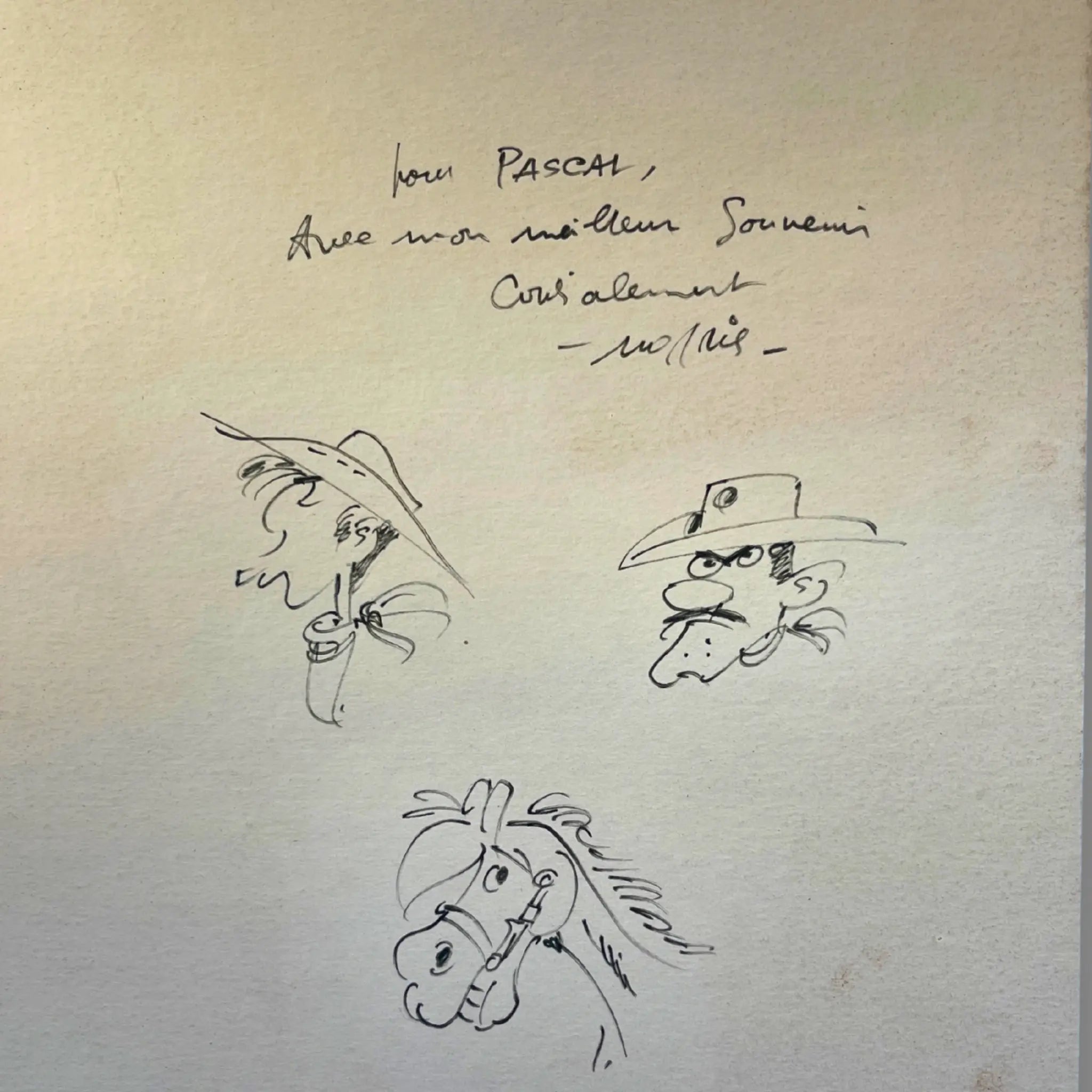 Trois dessins signés et dédicacés par Morris– Lucky luke-Joe Dalton-Jolly Jumper