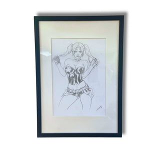 Dessin original de Harley Quinn au crayon, dédicacé par Sancara - 30 x 21 cm